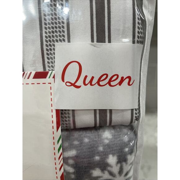 6 Pc SNOWFLAKES Queen Set Winter Holiday Sheets Gray Stripe Plush Sheet Blanket - Picture 6 of 7